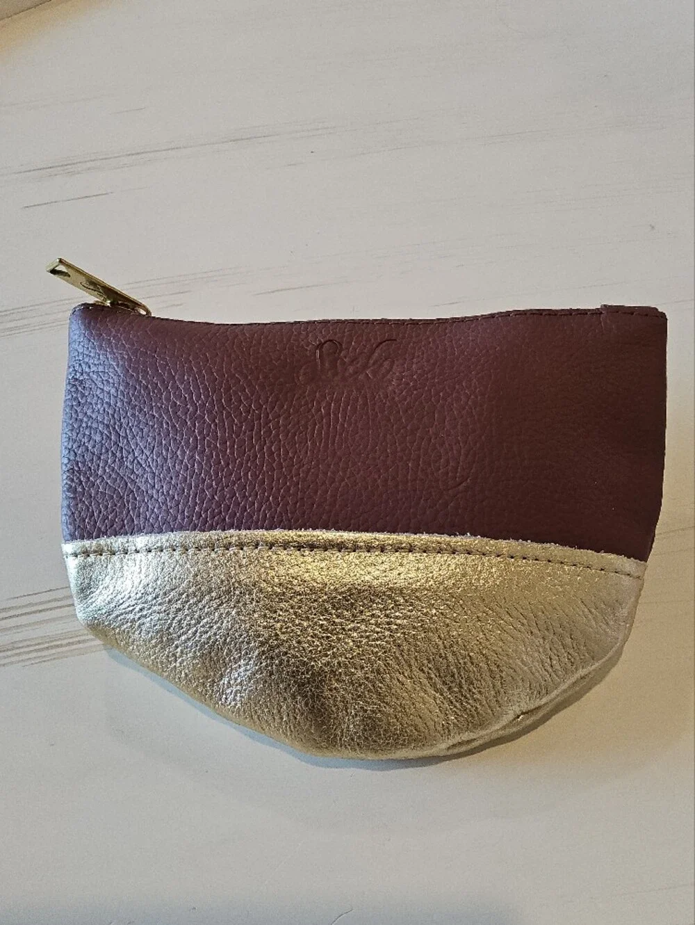 Sseko Burgundy and Gold Leather Cosmetic Pouch